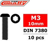 Team Corally C-3003-30-10 Hex Button Head Steel Screws M3 x 10mm (10) with hexagonal socket head design, ideal for radio control parts and rc car assemblies.