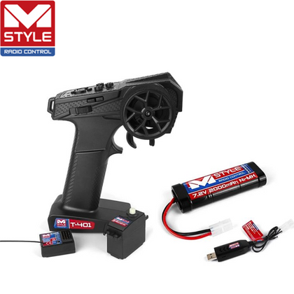 Black radio controller with wheel and trigger alongside a rechargeable 7.2V 2000mAh battery, USB charger, and receiver for Mstyle R/C Set Radioset MSL542409 Servo Battery Charger for Tamiya.