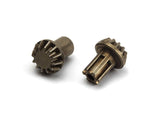 Close-up of two metal gears displayed on a white background, identified as BlackZon BZN540478 Front & Rear Pinion Gear (2) Spryte Turbo for radio control car parts.