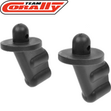 Team Corally C-00180-106 Front Body Post (2) black plastic parts for radio control car body mounting, designed for secure attachment on RC cars.