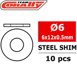 Team Corally C-3301-060-12-05 Steel Metric Shim 6x12x0.5mm (10) showing a steel shim with dimensions 6mm inner diameter, 12mm outer diameter, and 0.5mm thickness, pack of 10 pieces.