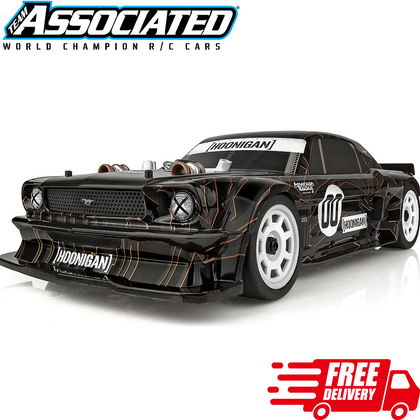 Team Associated SR7 Hoonicorn 1/7 4wd Roller black RC car with white wheels and Hoonigan branding, designed for high-performance radio control racing.