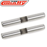 Two metal pins with a smooth cylindrical shape and a textured middle section, designed as Team Corally COR00180-684 Steel Gear Diff. Pin 3.5 x 29.8mm (2) for radio control car parts.