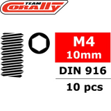 Team Corally C-3004-40-10 Steel Hex Set Screws M4 x 10mm (10) with hexagonal socket head and steel threading, suitable for radio control parts and rc car applications.