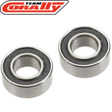 Two silver metal ball bearings with black seals, shown next to each other, designed for radio control car parts, identified as Team Corally ABEC-3 Ball Bearing 5x10x4mm (2).