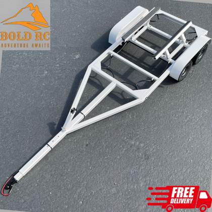 Bold RC 1/10 Scale Fully Adjustable Metal Boat Trailer w LED Lights White shown on asphalt with logo and free delivery icon, designed for radio control parts and rc car parts.