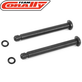 Two black steel pins with flanged heads and two small rubber O-rings, designed for use as Team Corally C-00180-305 Steel Center Roll Cage Pin (2) in radio control car parts.