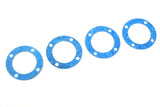 Four blue circular gaskets with evenly spaced holes, designed for use as Team Corally C-00180-183 Front & Rear Differential Gasket 30mm (4) in rc car parts or radio control parts.