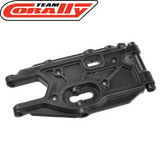 Black lower rear suspension arm designed for radio control cars, featuring durable construction and precise cutouts, labeled Team Corally C-00180-860 Lower Rear Suspension Arm HDA-3.
