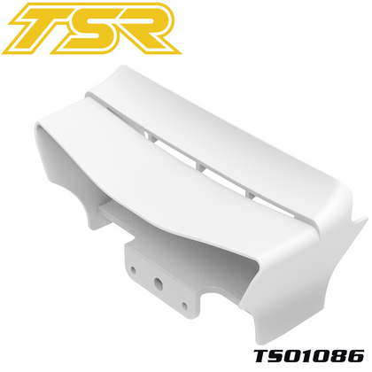 Team Saxo TS01086 F1 Rear Wing White designed for radio control cars, featuring a sleek aerodynamic shape to enhance performance and style.