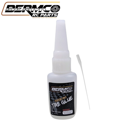 Bermco RC Parts Quicktime Tire Glue (Medium) CA .70oz w/ Tip bottle with applicator for bonding radio control car tires securely to rims.