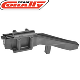 Black plastic chassis brace designed for radio control cars, specifically the Team Corally C-00180-952 Rear Chassis Brace MT-G2, enhancing durability and performance.