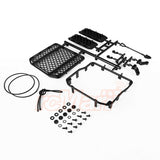 Gmade GM40080 1/10 Scale Off-road Roof Rack & Accessories kit including a black roof rack frame, mesh cargo tray, mounting hardware, and various small components for radio control car customization.