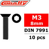Team Corally C-3002-30-08 Hex Flat Head Steel Screws M3 x 8mm (10) shown with hexagonal socket and threaded body, suitable for radio control parts and rc car assembly.