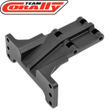 Black plastic component for radio control cars, the Team Corally COR00180-539 Wing Mount Connecting Brace designed to securely attach the wing to the chassis.