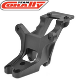 Black plastic radio control car part with mounting holes, identified as Team Corally C-00180-994 Rear Shock Tower / Wing Mount SB G2, designed for rc car suspension.