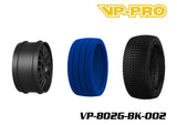 VP-PRO VP-802G Cutoff Evo 1/8 Buggy Pre-Mounted Tires (4) Black Wheels with detailed black rims, blue tire inserts, and rugged tread pattern for radio control parts and rc cars.