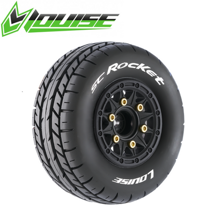 Pair of Louise SC-Rocket 1/10 Short Course Tires Soft 12 14 17mm Removable Hex (2) designed for radio control car parts with detailed tread and black rims.