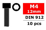 Team Corally C-3001-40-12 Hex Socket Head Steel Screws M4 x 12mm (10) showing screw shape, hex socket, size M4 by 12mm, and package of 10 pieces for rc car parts.