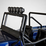 Close-up of a radio control car featuring the Gmade GM40054 LED Light Bar Set (5 Lights) Buckets mounted above the windshield on a detailed blue RC car chassis.