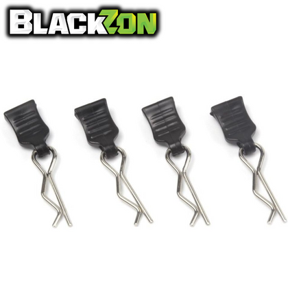 Set of four BlackZon BZN540457 Body Clips (4) Vyper with black plastic tops and silver metal pins, designed for secure attachment of RC car bodies.