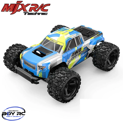 MJX HyperGo 18208 1/18 4wd Off-Road Monster Truck in blue and yellow with large rugged tires designed for rough terrain and high-performance radio control driving.