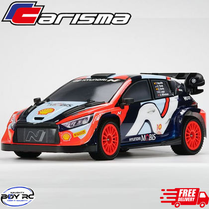 Carisma M48S Hyundai i20N Rally1 Hybrid 2024 1/8 4wd Rally Car detailed radio control model with red wheels, aerodynamic body, sponsor decals, and rear spoiler against a plain background.