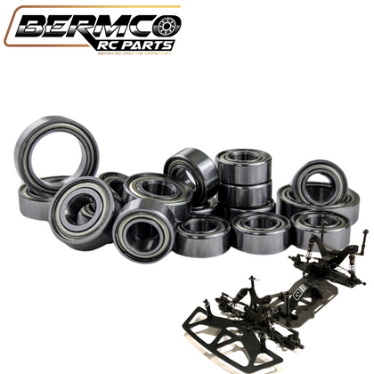 Bermco RC Parts GFRP Assailant 2024 23 Hybrid Ceramic Bearing Kit featuring multiple precision metal bearings next to a partially assembled black radio control car chassis.