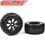 Two black Team Corally Gripper 1/8 Monster Truck Tires Mounted (2) designed for radio control parts with deep treads and black multi-spoke rims.
