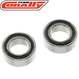 Close-up of two metal ball bearings with black rubber seals, designed for precision and durability in radio control parts, identified as Team Corally ABEC-3 Ball Bearing 3x6x2.5mm (2).
