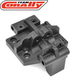 Team Corally C-00180-640 Center Diff Plate Spur Gear Cover For Chassis Tube, a durable black plastic rc car part designed for radio control vehicles.
