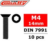 Team Corally C-3002-40-14 Hex Flat Head Steel Screws M4 x 14mm (10) with a hex drive, flat head design, suitable for radio control car parts in sets of ten.