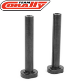Two black steel posts designed for radio control car servo savers, labeled as Team Corally C-00180-1015 Steel Servo Saver Posts (2), shown on a white background with the Team Corally logo.