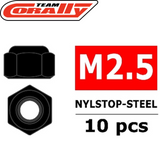 Team Corally C-3101-25-6 M2.5 Steel Nylstop Nut (10) showing two views of a black nylstop nut designed for radio control parts and RC cars.