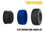 VP-PRO VP-503G 1/10 Short Course Truck Tires (4) Pre-Mounted Black showing tire components including a black wheel rim, blue tire insert, and textured black tire tread for radio control parts and rc cars.
