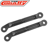 Pair of black Team Corally C-00180-556-1 HD Steering Links Buggy 93mm designed for radio control parts and rc car parts, featuring sturdy construction for rtr rc cars.