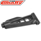 Team Corally C-00180-861 Upper Front Suspension Arm HDA-3 for radio control cars, durable black plastic rc car part designed for enhanced suspension performance.