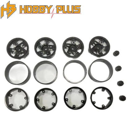 Hobby Plus HBP240233 Bead Lock Wheel ( 1.2 ) kit showing black wheel rims, bead lock rings, and mounting screws for radio control car parts.