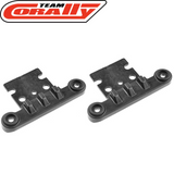 Pair of black plastic Team Corally C-00180-880 Bumper/Gearbox Cover (2) parts designed for radio control car repair and upgrade.