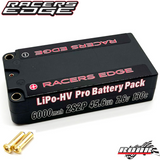 Racers Edge 6000mAh 2S 7.6V 130C Shorty Hard Case Lipo 5mm battery pack for RC cars with two gold connector pins, designed for high performance radio control parts.