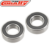 Two metal ball bearings with black seals, designed as Team Corally ABEC-3 Ball Bearing 8x16x5mm (2) for radio control car parts.
