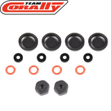 Team Corally C-00180-1026 Shock Maintenance Kit 2 Set with black rubber seals, red O-rings, and small black and gray parts for radio control car shock repair and maintenance.