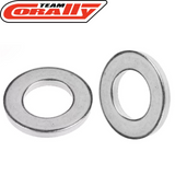 Two silver steel washers displayed against a white background with the Team Corally logo, representing the Team Corally C-3201-30 M3 Steel Washer (10) Silver, suitable for radio control parts and rc car assemblies.