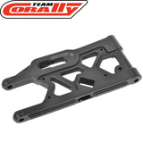 Team Corally C-00180-010 Rear Lower Suspension Arm in black, designed for radio control parts and rc car parts, featuring a durable and lightweight construction for improved rc car performance.