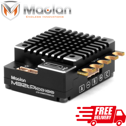 Maclan Racing M32t Pico 100 Stock Competition Brushless ESC with black heatsink and gold-plated connectors, designed for radio control car parts and rtr rc cars.