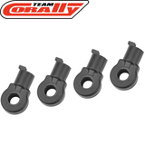 Four black plastic Team Corally C-00180-770 HD Heavy Duty Shock End Short (4) parts designed for radio control car suspension systems.