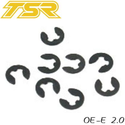 Eight small black metal clips arranged in a scattered pattern, labeled as Team Saxo OE_E 2.0 E-clip (8), ideal for radio control parts and rc car assembly.