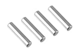 Four cylindrical metal pins displayed in a row, representing Team Corally C-00140-098 Steel Pin 2x8mm (4) used as durable rc car parts for radio control vehicles.