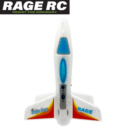RAGE RC Spinner Missile White Electric Free Flight Rocket shown from top view with white foam body, blue accents, and red and yellow wing details.
