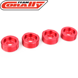 Set of four red anodized aluminum Team Corally C-00180-117 Aluminum Pivot Ball Adjusting Nuts designed for precision adjustment in radio control car parts.